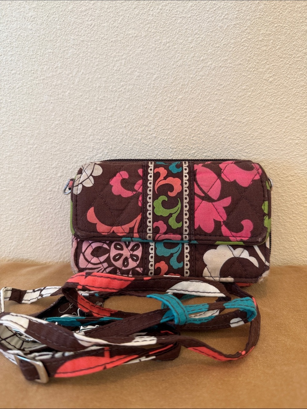 Vera Bradley Brown Quilted Crossbody with Pink & Teal Floral